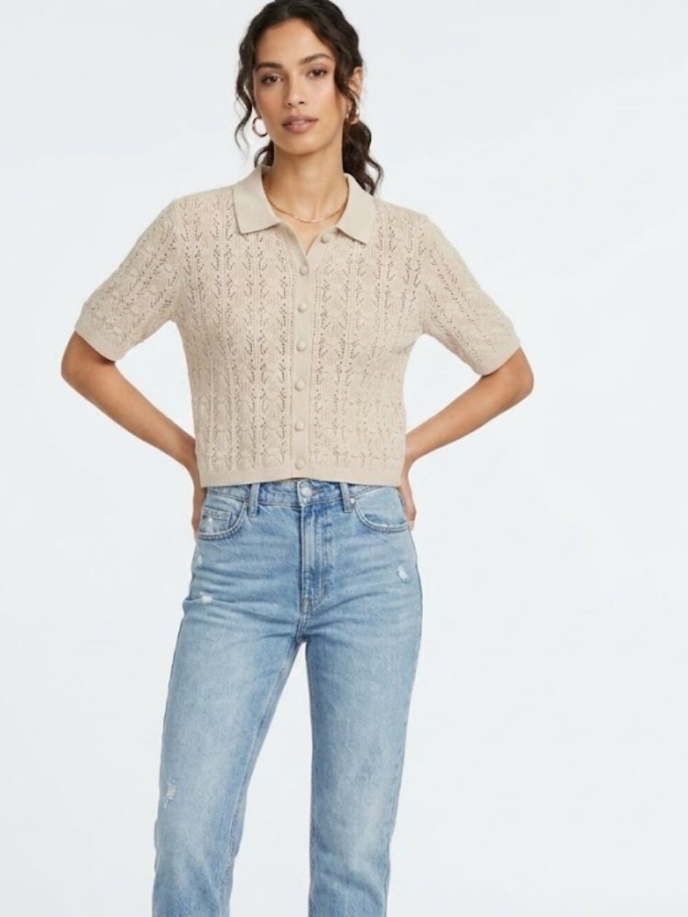 RW&CO. Cream Pointelle Knit Cropped Polo Top - Size Small